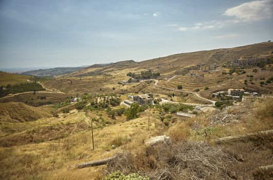 Panorama of the Sicilian hills and the town of Butera in the southern part of Sicily