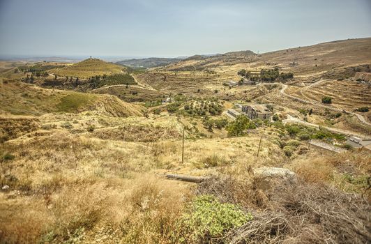 Panorama of the Sicilian hills and the town of Butera in the southern part of Sicily