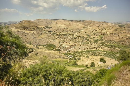 Panorama of the Sicilian hills and the town of Butera in the southern part of Sicily