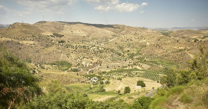 Panorama of the Sicilian hills and the town of Butera in the southern part of Sicily