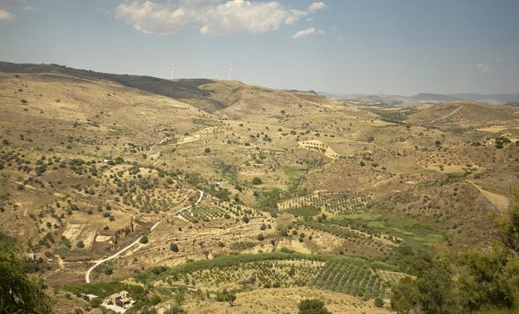 Panorama of the Sicilian hills and the town of Butera in the southern part of Sicily