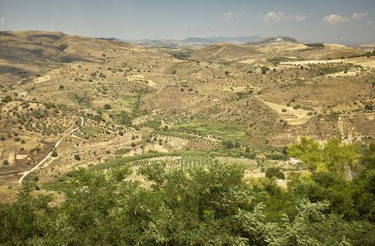 Panorama of the Sicilian hills and the town of Butera in the southern part of Sicily