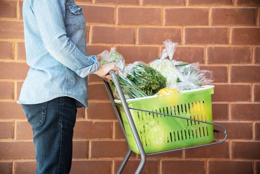 Lady is shopping fresh vegetable in supermarket store - woman in fresh market lifestyle concept