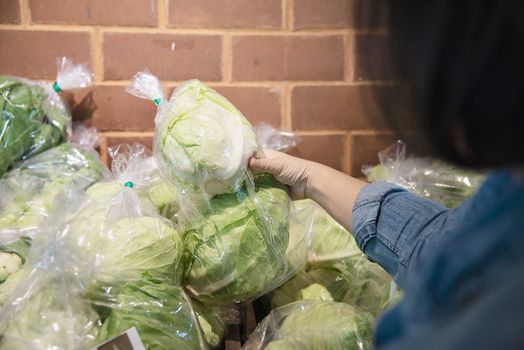 Lady is shopping fresh vegetable in supermarket store - woman in fresh market lifestyle concept