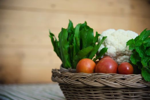 Fresh variety vegetable basket ready to be cooked in the kitchen - vegetable for making food background with copy space concept