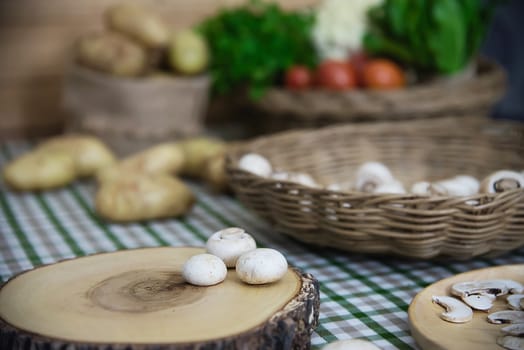 Fresh champignon mushroom vegetable in the kitchen - fresh mushroom vegetable cooking concept