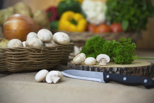 Fresh champignon mushroom vegetable in the kitchen - fresh mushroom vegetable cooking concept