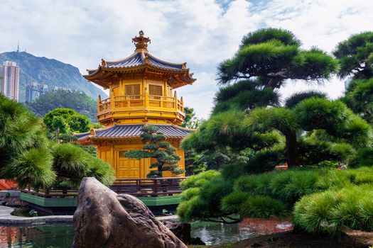 Golden Pavilion in Nan Lian Garden near Chi Lin Nunnery temple, Hong Kong.