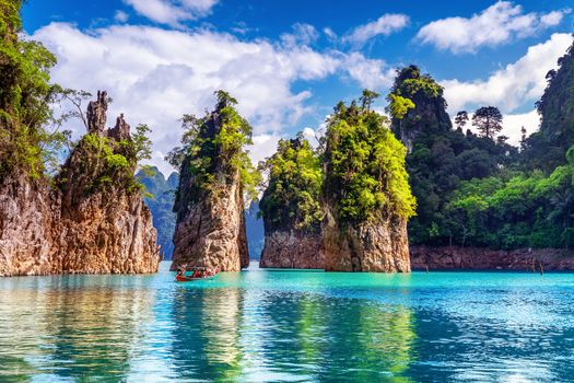 Beautiful mountains in Ratchaprapha Dam at Khao Sok National Park, Surat Thani Province, Thailand.