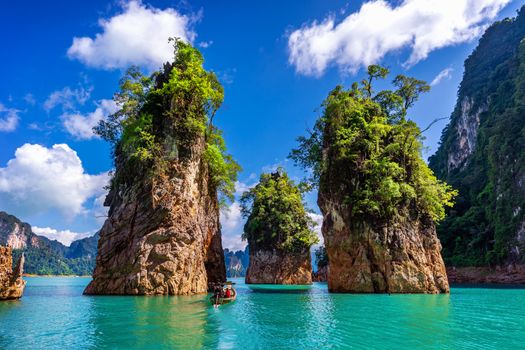 Beautiful mountains in Ratchaprapha Dam at Khao Sok National Park, Surat Thani Province, Thailand.