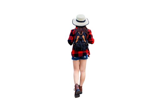 Woman traveler with backpack isolated on white background.