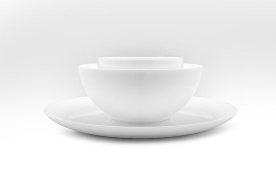Set of white dishes on table on light background. With clippig path