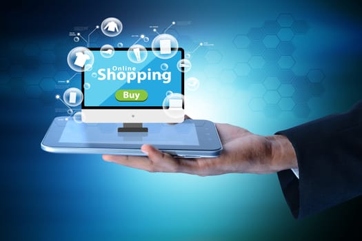 Business man showing Online shopping concept in color background