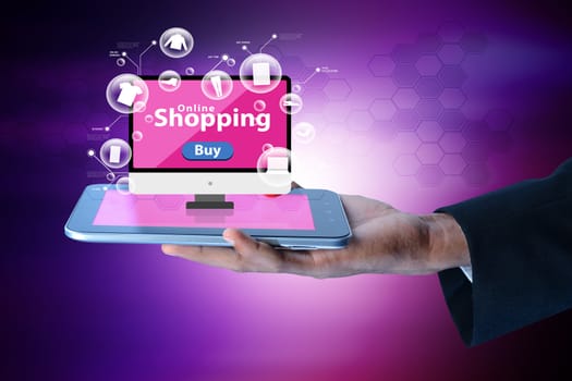 Business man showing Online shopping concept in color background