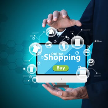 Business man showing Online shopping concept in color background