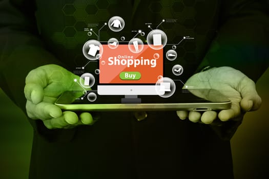 Business man showing Online shopping concept in color background