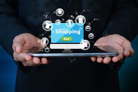 Business man showing Online shopping concept in color background