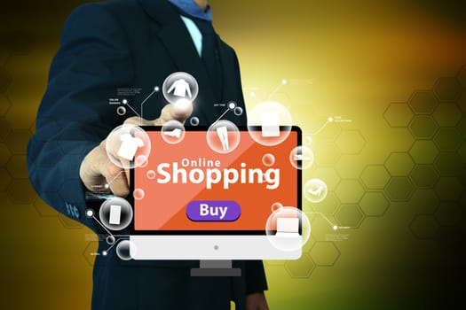 Business man showing Online shopping concept in color background
