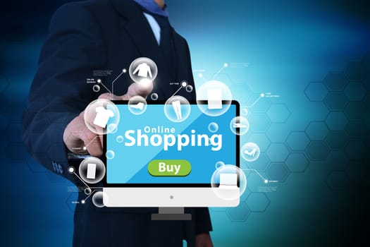 Business man showing Online shopping concept in color background