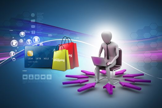 Business man showing Online shopping concept in color background