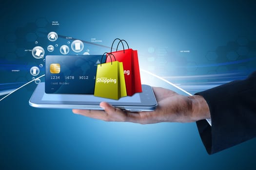 Business man showing Online shopping concept in color background