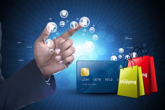 Business man showing Online shopping concept in color background