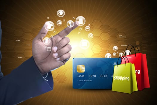 Business man showing Online shopping concept in color background