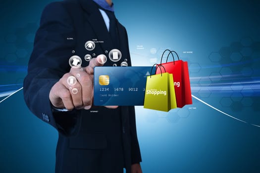 Business man showing Online shopping concept in color background