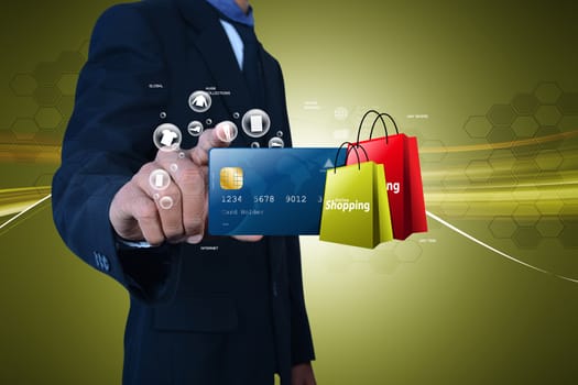 Business man showing Online shopping concept in color background