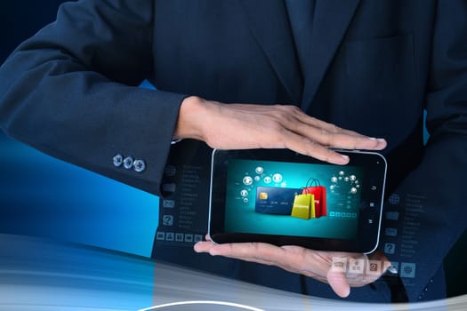 Business man showing Online shopping concept in color background