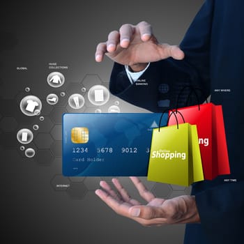 Business man showing Online shopping concept in color background