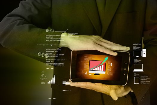 Man showing smart phone with successive graph in color background