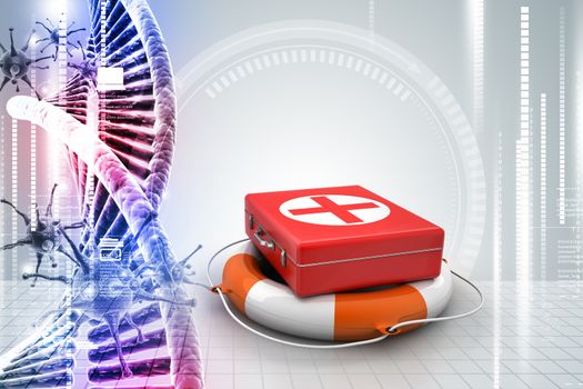 First aid box with life buoy in color background