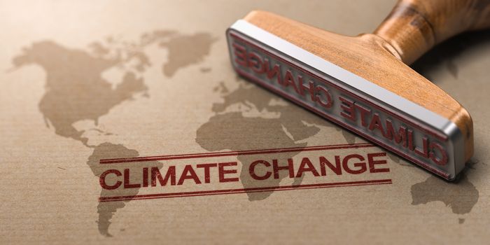 3D illustration of a rubber stamp over paper background with a world map watermark printed and the text climate change. Concept of global warming.