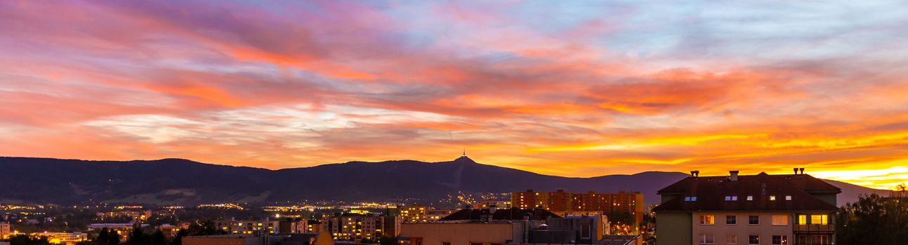 Silhouette of Jested mountain at sunset time, Liberec, Czech Republic.