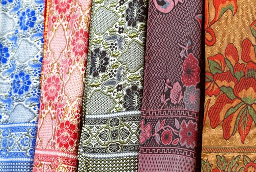 Close-up of traditional colorful vietnamese textile scarves