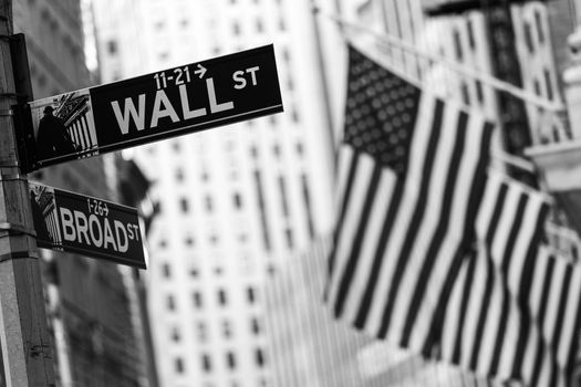 Wall street sign in New York City with American flags and New York Stock Exchange in background. Black and white image.