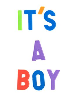 Its a boy sentence in colorful letters, green, blue, orange, red, purple over white background