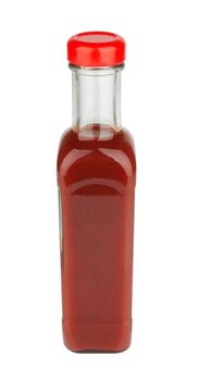 Bottle of red hot sauce isolated on white background