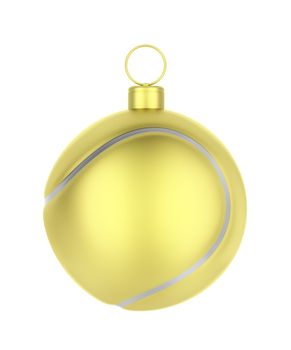 Golden tennis ball like Christmas ornament, isolated on white background