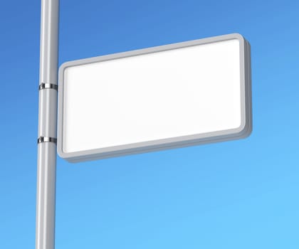 Blank billboard attached on column against blue sky 