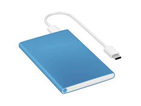 Blue power bank with usb-c cable isolated on white background