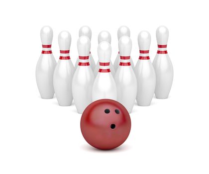 Row of bowling pins and red bowling ball 