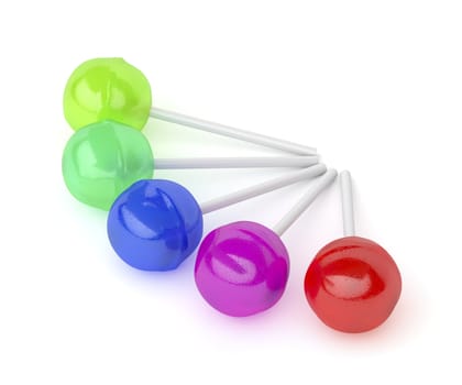 Group of lollipops with different colors and flavors on white background