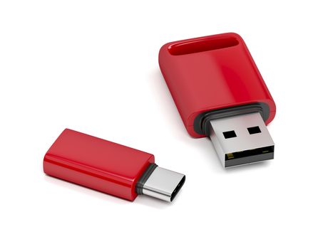 Red flash drives with different usb interfaces on white background