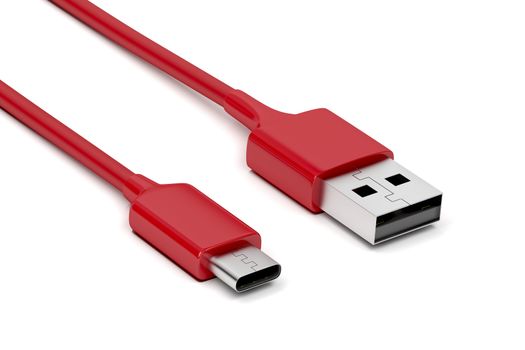 Red USB-C and USB-A cables on white background 
