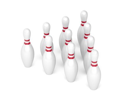Rows of bowling pins on white background