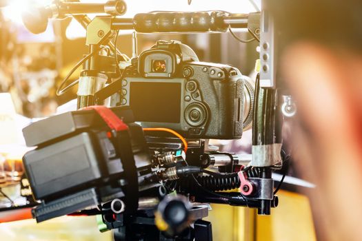 Film industry. Filming with professional camera background