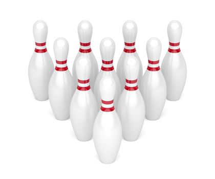 Row of bowling pins on white background 