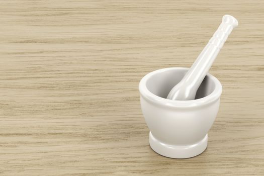 White mortar and pestle on wood table